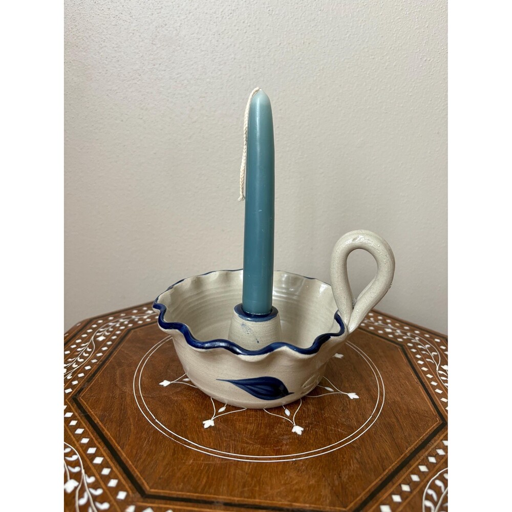 Vintage Williamsburg Pottery Salt Glazed Ruffled Candlestick Holder Finger Loop